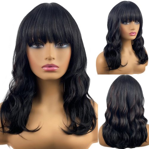 MIMISERVICE 16 inch Short Wavy Bob Wig With Bangs,Black with Red Shoulder Length Hair Wigs for Women,Natural Looking Synthetic Heat Resistant Fiber Curly Wigs for Daily