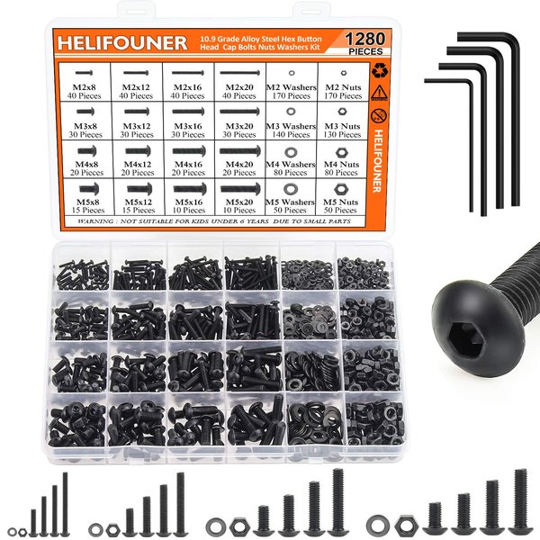 HELIFOUNER 1280 Pieces Button Head Socket Cap Screw Bolts, Flat Washers and Nuts Assortment Kit, 10.9 Grade Alloy Steel, Full Thread (M2 M3 M4 M5)