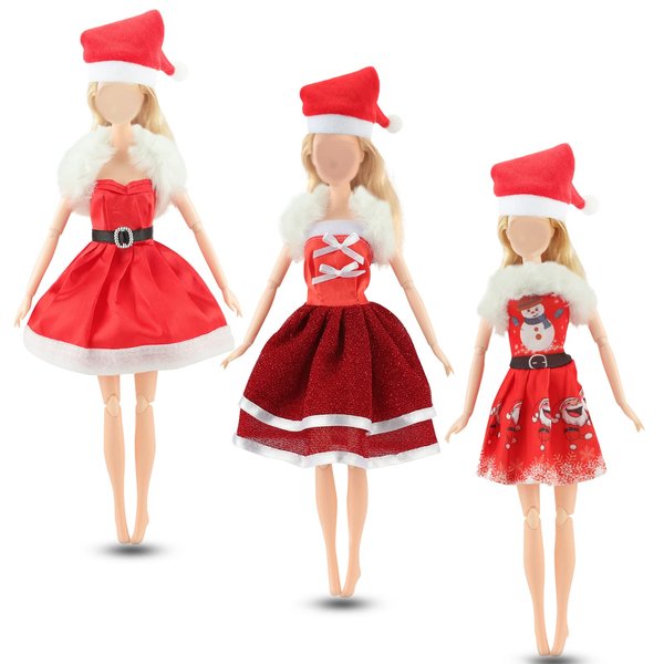 Avando Doll Clothes and Accessories for 11.5 inch Dolls Christmas Clothing Set Fashion Dresses Hats, Fluffy Scarf, 3 PCS Winter Mini Dress for Girl Doll Playset Dolls Outfits Costume