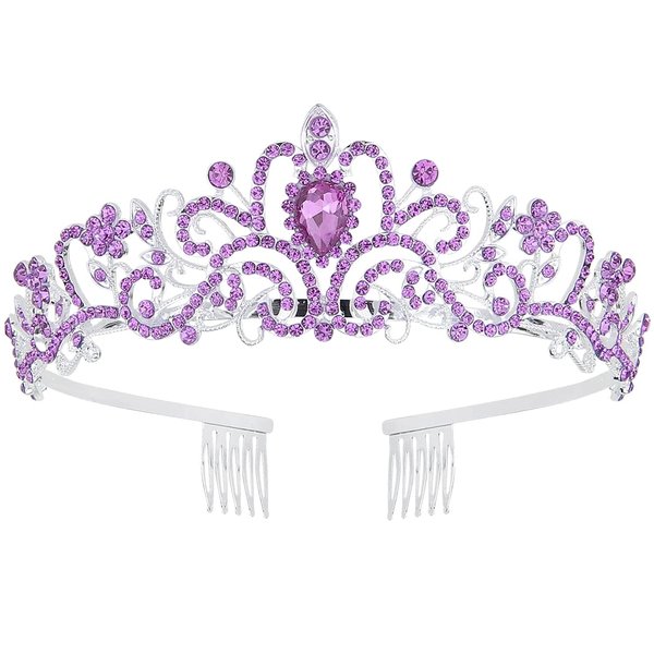 CURASA Purple Tiara Cute Crystal Tiaras for Women Princess Crown with Combs Birthday Crown for Girls Fairy Crown Exquisite Hair Accessories for Prom