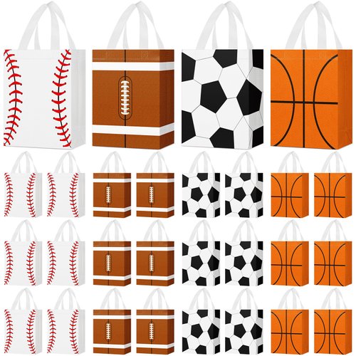 Locmeo 24 Pcs Sports Party Favor Bags with Handles Reusable Non Woven Sports Goodie Bags Soccer, Basketball, Baseball, Football Candy Treat Gift Bag for Girl Boy Birthday Baby Shower, 8 x 4 x 10 Inch