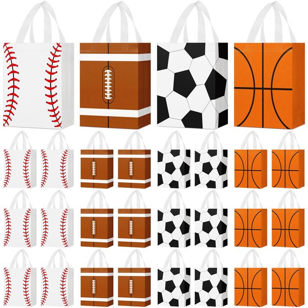 Locmeo 24 Pcs Sports Party Favor Bags with Handles Reusable Non Woven Sports Goodie Bags Soccer, Basketball, Baseball, Football Candy Treat Gift Bag for Girl Boy Birthday Baby Shower, 8 x 4 x 10 Inch