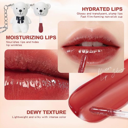 Yasovigi Bear Lip Gloss Keychain, Mirror Lip Tint Stain Liquid Lipstick, Multi-Use Lip Glaze and Cheek Tint, High Pigment, Long-Lasting Nourishing Repairing (6# cherry)