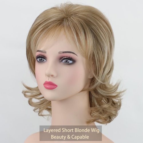 RENERSHOW Short Mixed Blonde Curly Wig with Bangs Natural Wavy Synthetic Wigs for Women