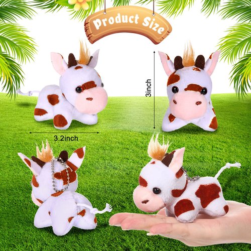 Zomiboo Stuffed Cows, 12 Pcs Assorted Toy Plushies, 3.2 Inch Mini Plush Animals Keychain Animal Party Favors with Detachable Chain for Christmas Farm Themed Birthday Party Supplies Classroom Awards