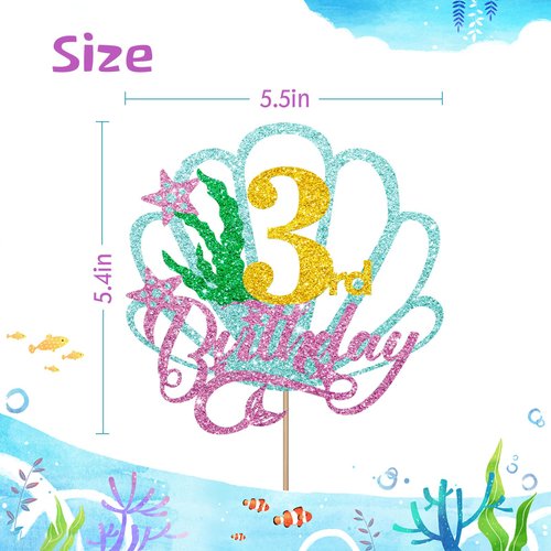 Mermaid Three Cake Topper, Happy 3rd Birthday Cake Decor for Baby Girl, Little Mermaid Birthday Party Decoration, Under the Sea Themed Party Supplies - Gold Glitter