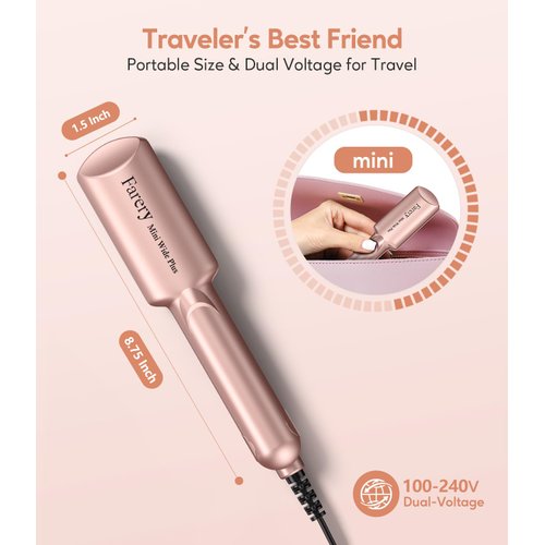 FARERY Ceramic Mini Hair Straightener, 1.5 Inch Wider Plate, Hair Iron for Fast Straightening, Portable Flat Iron with Dual Voltage and Storage Bag