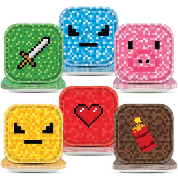 Naozinebi 60Pcs Mining Pixel Party Plates Pixel Theme Party Supplies Pixel Game Birthday Dessert Paper Plates for Kids Baby Shower Party Pixelated Video Game Party Supplies Decorations