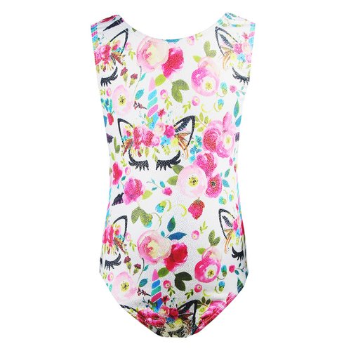 TENVDA Toddler Girls Gymnastics Leotards Size 3t 4t White Unicorn Floral Sparkly Sleeveless Tumbling Outfit Bodysuits