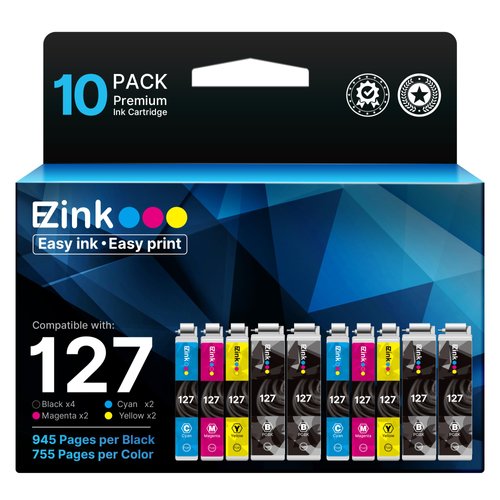 E-Z Ink Remanufactured Ink Cartridges Replacement for Epson 127 T127 to use with NX530 625 WF-3520 WF-3530 WF-3540 WF-7010 WF-7510 7520 545 645 (4 Large Black, 2 Cyan, 2 Magenta, 2 Yellow) 10 Pack
