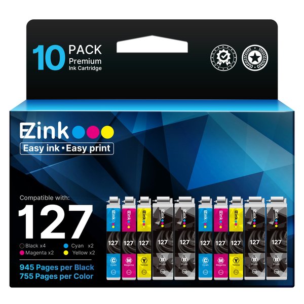E-Z Ink Remanufactured Ink Cartridges Replacement for Epson 127 T127 to use with NX530 625 WF-3520 WF-3530 WF-3540 WF-7010 WF-7510 7520 545 645 (4 Large Black, 2 Cyan, 2 Magenta, 2 Yellow) 10 Pack