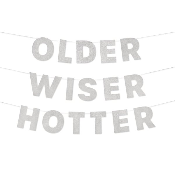 xo, Fetti Older Wiser Hotter Glitter Banner - Silver, 3 Ft. | Fun Birthday Party Decorations, 30th Birthday Decor, HBD, Gag Gift, Photobooth Backdrop