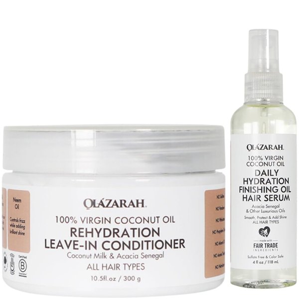 OLAZARAH Hydrating Coconut Oil Daily Leave-in Conditioner & Hair Serum Combo - Nourish, Strengthen, and Protect Your Hair with Organic Ingredients – 13 Fl. oz