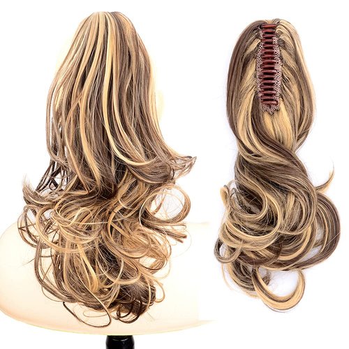 DIGUAN 13 Inches Ombre Claw Clip In Wavy Loose curly Synthetic Wrap Around Ponytail Extensions Short Pony Tail Clip In Extensions for Women Girl 4oz/115g (8bH18-Brown mix Light Blonde)
