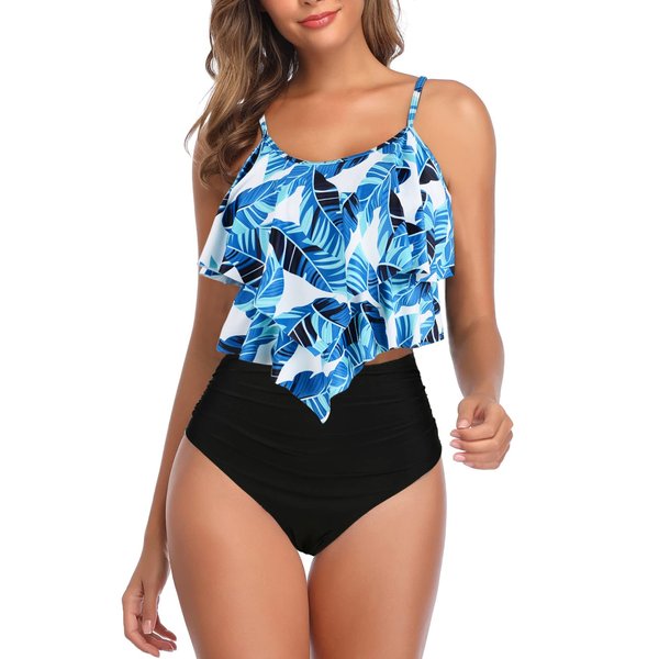 Womens Tankini Swimsuits High Waisted Bathing Suits Tummy Control Ruffled Top Swimwear Two Piece Swimming Suits 04 Blue Print 10-12