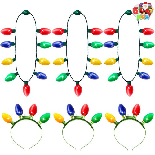 JOYIN 12PCS Christmas Light Up Headband and Necklace with 6 Flashing Modes, LED Christmas Lights Bulb Necklace Headband for Kids Women Men Xmas Party Supplies Accessories