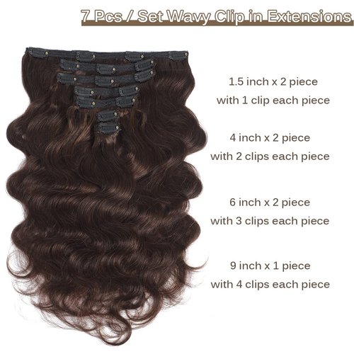 Clip In Hair Extensions Real Human Hair Black Girl Dark Brown Wavy Clip In Hair Extension for Black Women Hair Clip Ins for White Women and Girls Seamless Real Hair Extensions 16 Inch