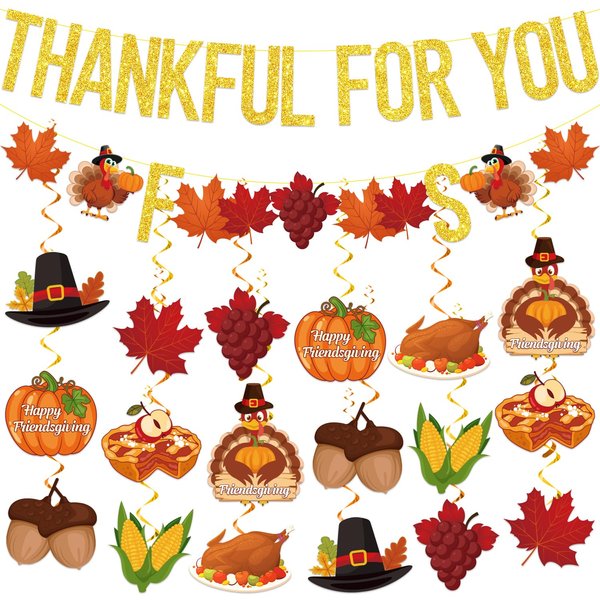 Thanksgiving Decorations Indoor,Thankful for You Friendsgiving Party Decorations Gold Friends Giving Party Office Decorations Pre-Assembled Banner