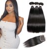 Beauhair Brazilian Virgin Human Hair 3 Bundles With (4x 4) Lace Free Part Closure Straight Wave Weft 100% Real Human Hair Extensions Natural Color (18 18 18+16"Closure)