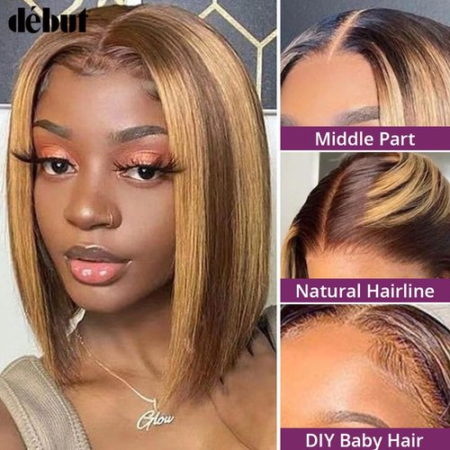 DÉBUT Short Bob Ombre Highlight Blonde Brown Lace Front Wigs Human Hair Wigs Middle Part Wigs Brazilian Virgin Straight Hair 13x4x1 T Part Wigs for Black Women Piano Color 10 Inches