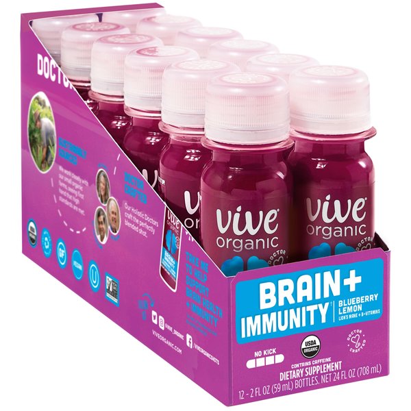 Vive Organic Brain + Immunity Blueberry Lemon Wellness Shot, 2 fl oz Bottle (Pack of 12)