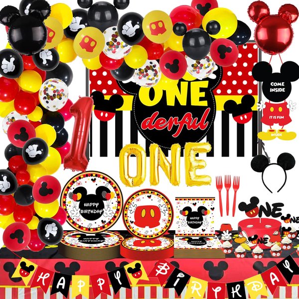 185 Pcs Red 1st Birthday Party Decorations, Boys Onederful Balloons Arch Garland Kit, Red Cartoon Boys Onederful Backdrop, TableCloth, Tableware for Boy First Birtdhay Party Supplies