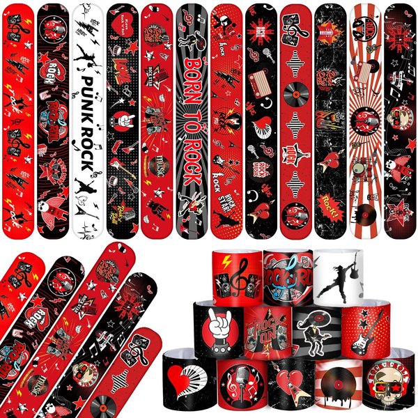 YYMYMGJ 48PCS Rock and Roll Party Favors Slap Bracelets Wristbands Rock Star Party Decorations Supplies for 80s 90s Born to Rock Rock Fake Musician Guitar Rap Theme Party
