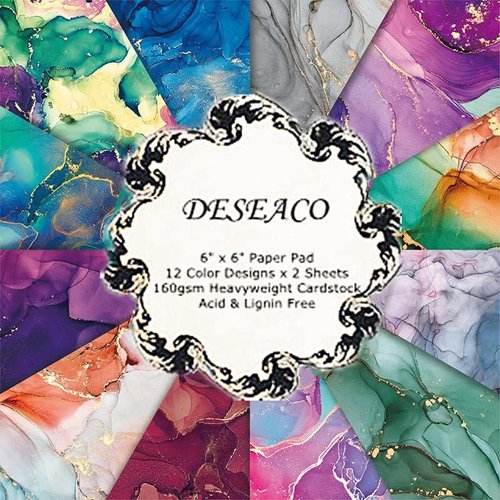 DESEACO Marbled Scrapbook Paper Pad 6x6, Watercolored Single-Sided Decopodge Paper,Colorful Cardstock Paper Scrapbooking DIY Decorative Background Cardmaking Supplies, Junk Journal Craft Paper-24Pcs