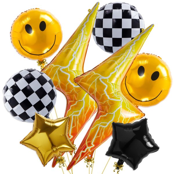 Ckepvo Smile Face Checkered Balloons,18 Inch Lightning Bolt Balloon Smile Face Birthday Decorations,Yellow Happy Face Balloons For Birthday Wedding Decor (A-Smiley Face)