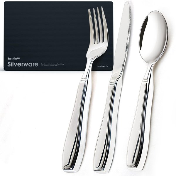 BUNMO Utensils for Elderly, Arthritis, Weak Hand Grip & Handicapped - Convenient Travel Pouch - for Tremors and Parkinsons Patients - Stainless Steel - Eat Independently - Weighted 3 Piece Set