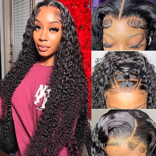 12A 13x6 Deep Wave Lace Front Wigs Human Hair 220% Density 13x6 HD Transparent Frontal Wigs Human Hair for Women Deep Curly Glueless Wigs Human Hair Pre Plucked with Baby Hair Natural Black 26 Inch