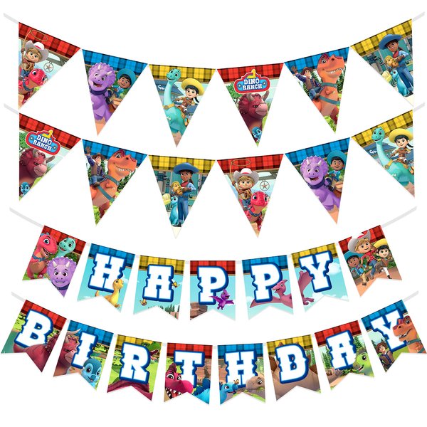 Treasures Gifted Dino Ranch Birthday Party Supplies - Dino Ranch Birthday Banners (Set of 3) - 1 Happy Birthday Banner & 2 Triangle Birthday Pennants - Dino Ranch Party Decorations for Walls