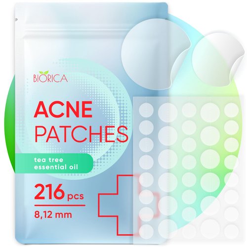 BIORICA Pimple Patches for Face with Tea Tree Oil 216 pcs. Hydrocolloid Acne Pimple Patches. Blemish Patches, Acne Dots, Pimple Stickers, Acne Patch and Pimple Patch