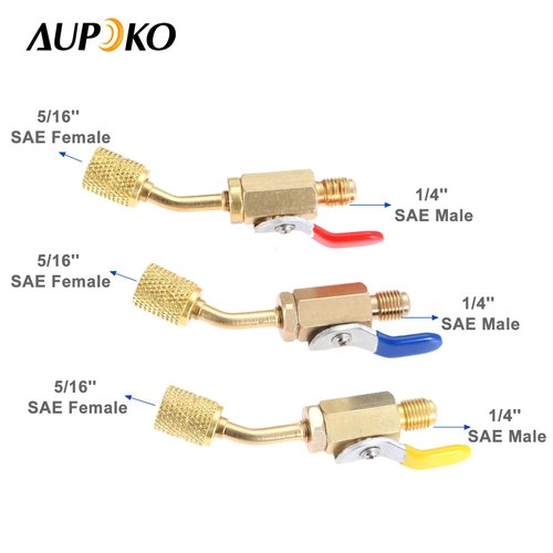 Aupoko R410A Angled Compact Ball Valve 5/16’’ SAE Female to 1/4’’ SAE Male, 3 Colors Shut-Off Ball Valve Adapters, for HVAC Air Conditioning Refrigerant R134A R12 R22 R502