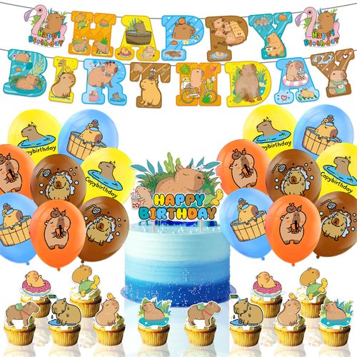 Capybara Birthday Party Supplies Includes Capybara Happy Birthday Banner, Cake Topper, Cupcake Toppers, Balloons, Cute Capybara Theme Party Decoration for Boys and Girls Birthday Party Decor