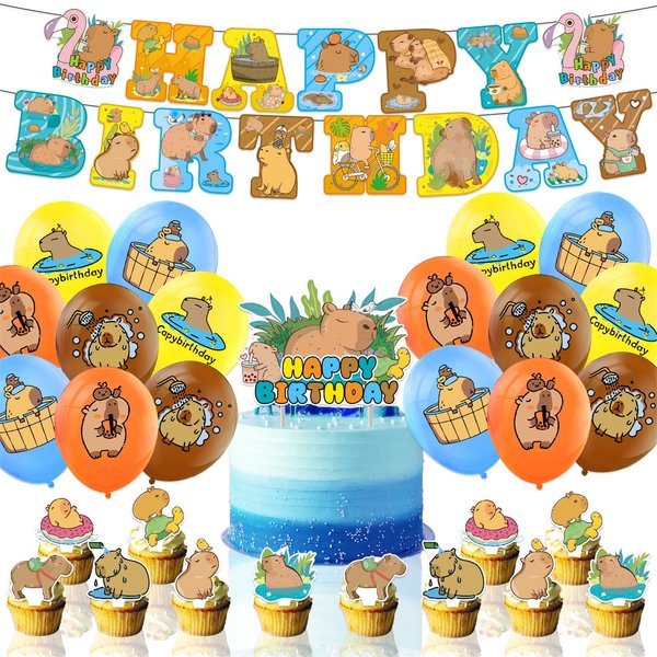 Capybara Birthday Party Supplies Includes Capybara Happy Birthday Banner, Cake Topper, Cupcake Toppers, Balloons, Cute Capybara Theme Party Decoration for Boys and Girls Birthday Party Decor