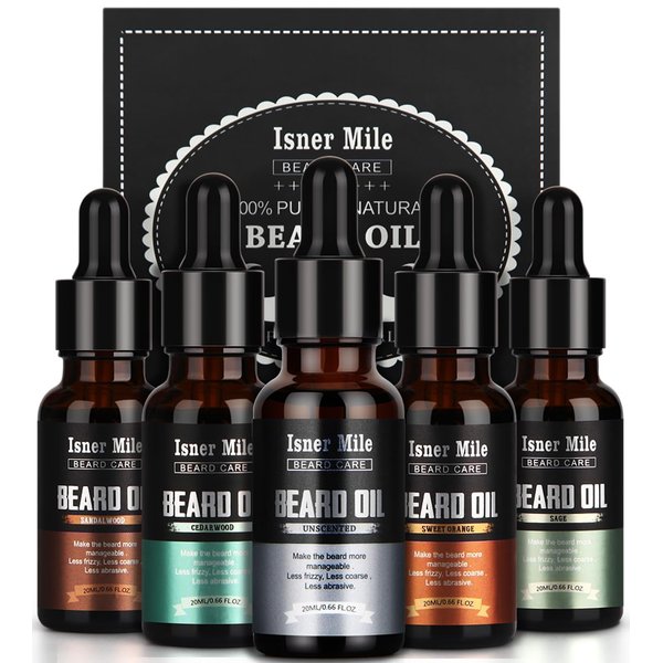 ISNER MILE 5 Pack Beard Oil Set Leave in Conditioner Cedarwood Sandalwood Sage Sweet Orange for Men Mustaches Soften Moisturizing Strength Stocking Stuffers Gifts for Him Man Dad Father Boyfriend