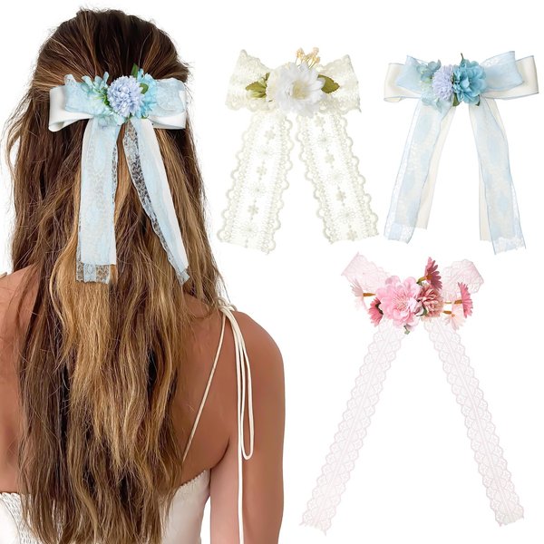 AWAYTR 3pcs Flower Hair Bow Clips for Women Girls Hair Ribbon with Flowers Lance Satin Floral Bow Clips with Long Tail(off-white/blue/pink)