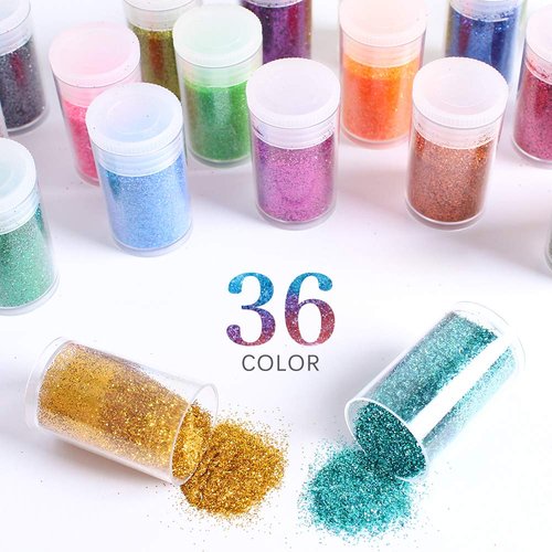 Extra Fine Glitter, Set of 36 Colors Nail Arts Cosmetic Glitter, Resin Crafts Loose Glitter Powder Shaker for Face Body Hair Eye Lip Gloss Makeup, Slime and Tumbler Making