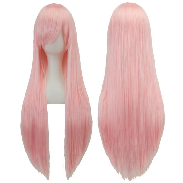 IMISSU 80cm Long Straight Natural Hair Cosplay Wigs with Bangs Colorful Halloween Costume Party Wig for Girl (Bright Pink)