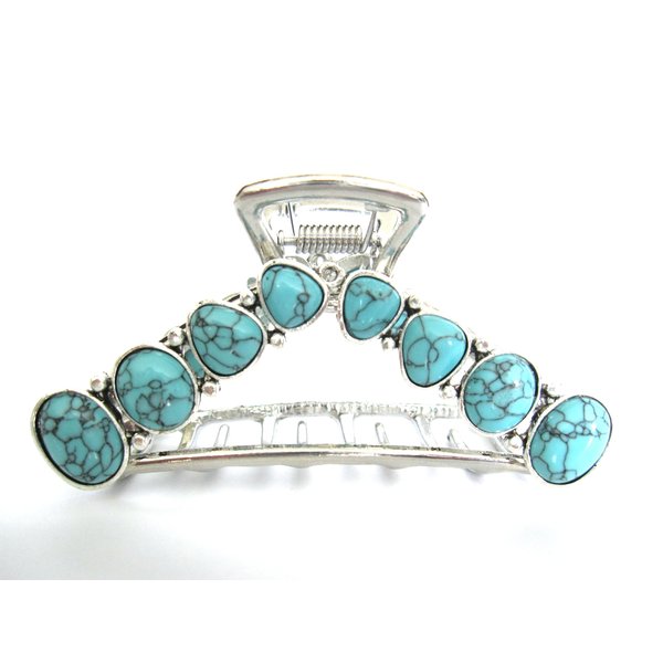 Hair claw clip turquoise blue stone silver metal western design