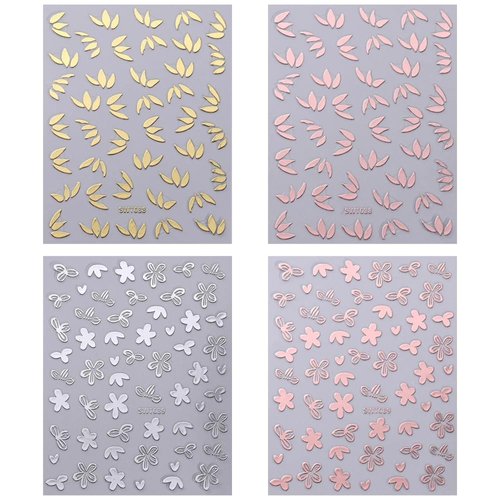 3D Metallic Flower Leaf Nail Art Stickers Mirror Silver Rose Gold Flower Nail Decals Floral Nail Stickers for Nail Art Supplies Bronzing Petal Leaves Flower Stickers for Girls Women Nail Decorations