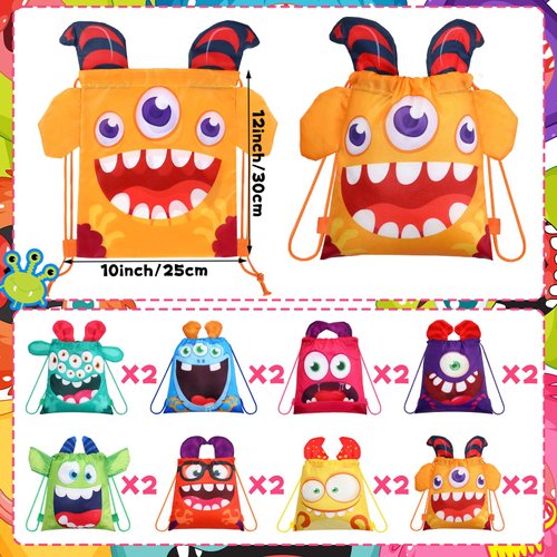 Hillban 16 Pcs Animal Drawstring Bags for Kids Party Favors Drawstring Backpack with Ear for Safari Birthday(Monster Style)