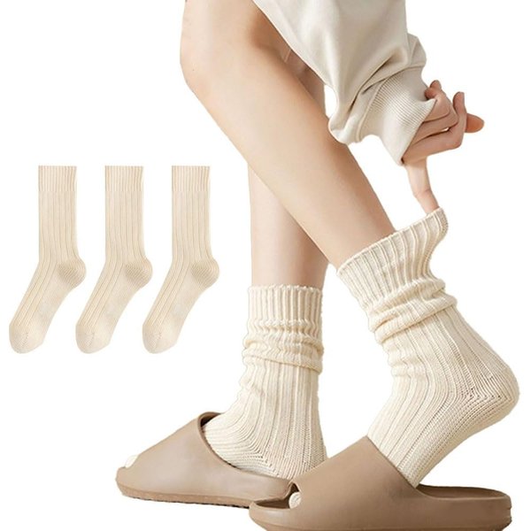 MANGMAO 3 Pairs Crew Socks for Women Cute Fall Knit Cotton Socks Crochet Aesthetic Long Slouch Socks Gifts for Women (Beige-3 Pack,One Size,One Size)