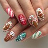 24Pcs Christmas Press on Nails Short Almond Fake Nails Brown False Nails with Snowflake Gingerbread Man Designs Acrylic Nails Full Cover Xmas Glue on Nails for Women Christmas Nails Press on