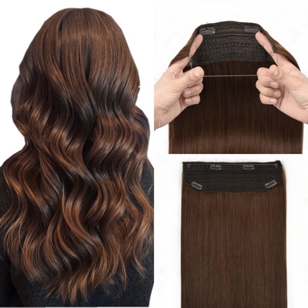 Invisible Wire Hair Extensions Straight 14inch 80g Hair Extensions Real Human Hair Chocolate Brown Fish Wire Hair #4 Wire Extensions Human Hair Extensions with Fish Line