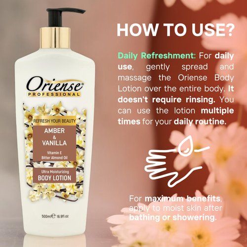 Oriense Body Lotion - Warm Vanilla Infusion & Amber Aroma, Bitter Almond Oil, Glycerine, Vitamin E for Light Moisturization - Fast Absorbing Formula, 16.9 fl.oz