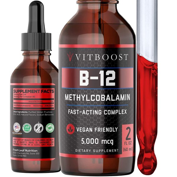 VITBOOST Vegan Liquid B-12 Drops – 60 x 5000 mcg Extra Strength Raspberry Flavored Vitamin B12 Liquid Methylcobalamin sublingual Supplement | Designed to Maximize Absorption & Energy | Gluten Free
