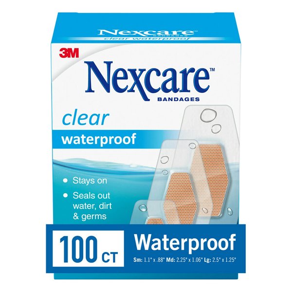 Nexcare Waterproof Bandages, Stays on in the Pool, Holds for 12 Hours, Clear Bandages for Fingers and Elbows - 100 Pack Waterproof Bandages