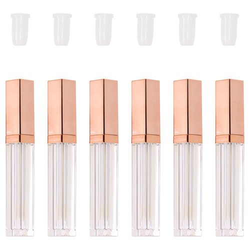 Mini Skater 6pcs 5ML Clear Empty Lip Gloss Tubes With Wand Reusable Refillable Travel Dispenser Bottle Vial With Rubber Stopper Cosmetic Container For Lipstick Balm Lip Glaze DIY Making (Rose Gold)